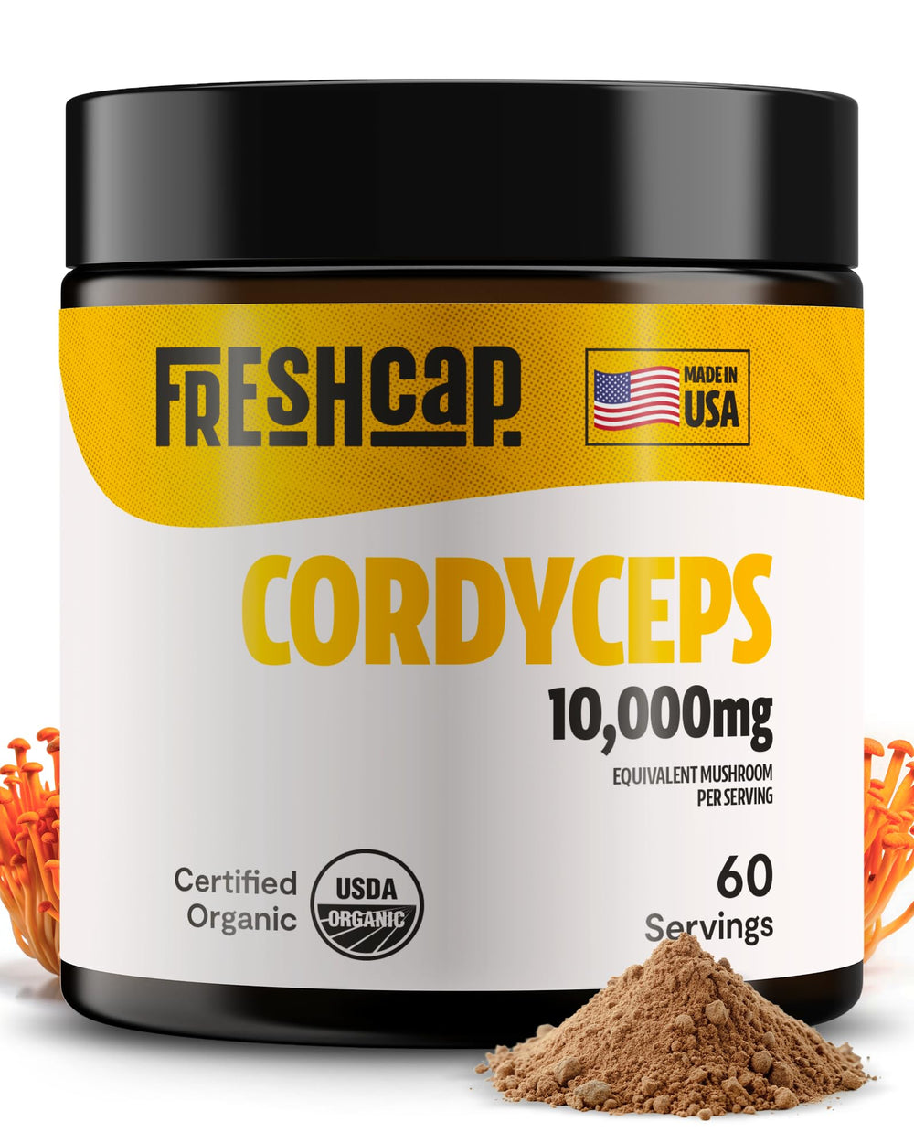 FreshCap Mushrooms Cordyceps powder bottle showing natural energy support.