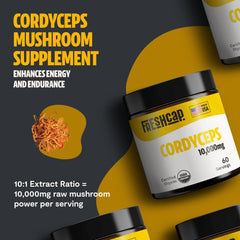 FreshCap Mushrooms Cordyceps powder pour highlighting endurance and focus.