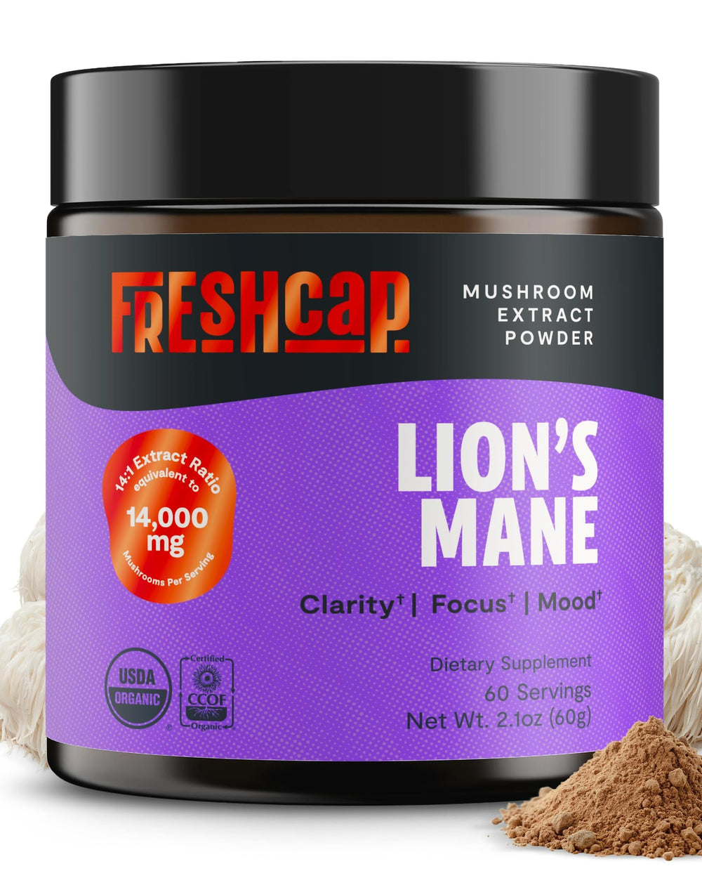 FreshCap Mushrooms Lions Mane Powder tub shown for daily focus.