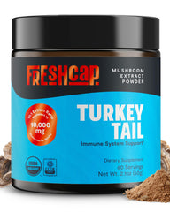 FreshCap Mushrooms Turkey Tail powder bottle shown for daily immune support.