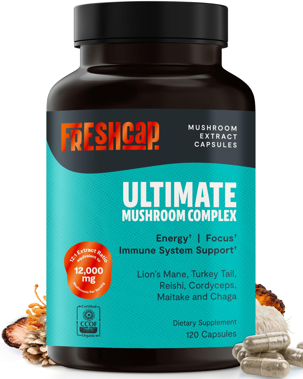 FreshCap Mushrooms Ultimate Mushroom Supplement bottle displaying a potent 12,000 mg blend for daily wellness.