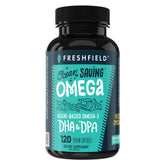 Freshfield Omega 3 DHA softgel bottle, high-DHA algae oil for plant-based wellness.