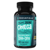 Freshfield Omega 3 bottle front highlights vegan algae oil packaging for daily use