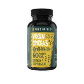 Freshfield Vegan Omega-3 bottle front shows a fish-free formula for daily wellness.