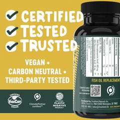 Freshfield Vegan Omega-3 label with third-party testing signals high quality standards.