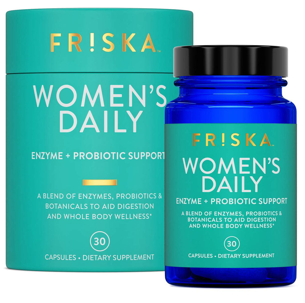 FRISKA Women's Daily digestive enzyme probiotic bottle supports gentle digestion.