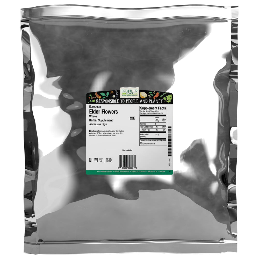 Frontier Co-op dried elderflowers bulk bag, ideal for tea and floral culinary infusions