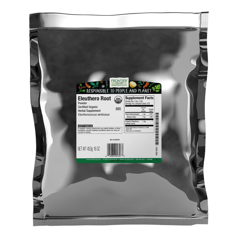 Frontier Co-op eleuthero root powder bulk bag with textured powder for herbal blends