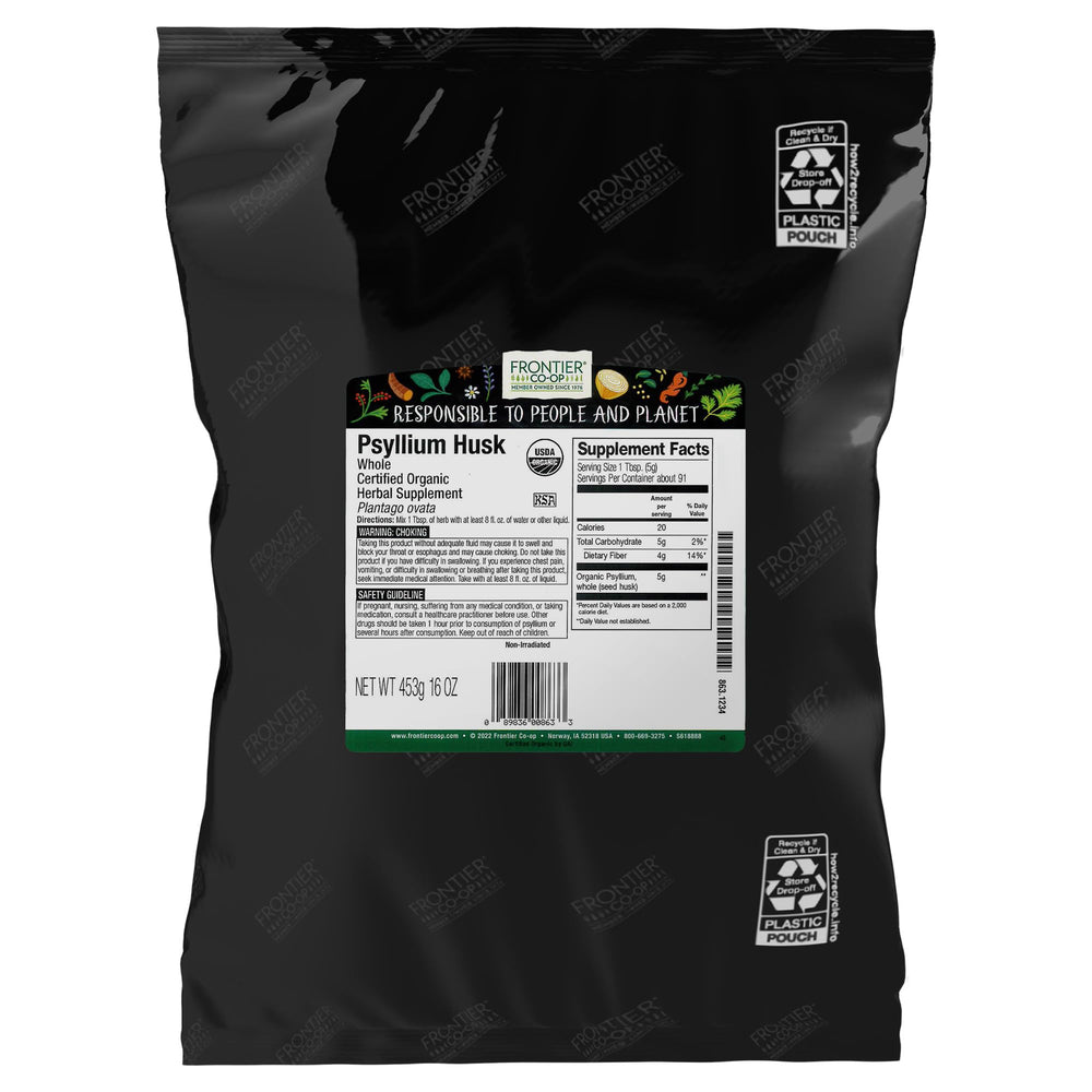 Frontier Co-op Organic Psyllium Husk bottle shows gluten-free whole husk ideal for thickening