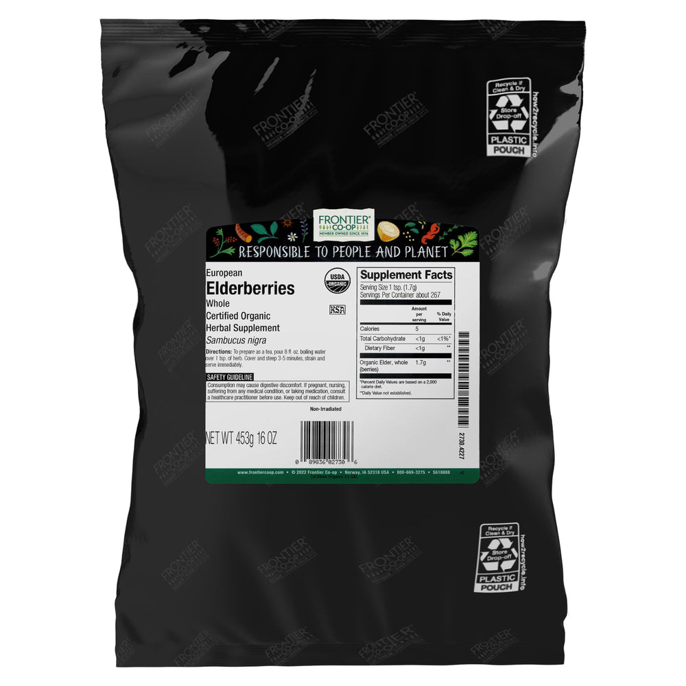 Frontier Elderberries whole organic 1lb pack 2 for tea infusions and jams.