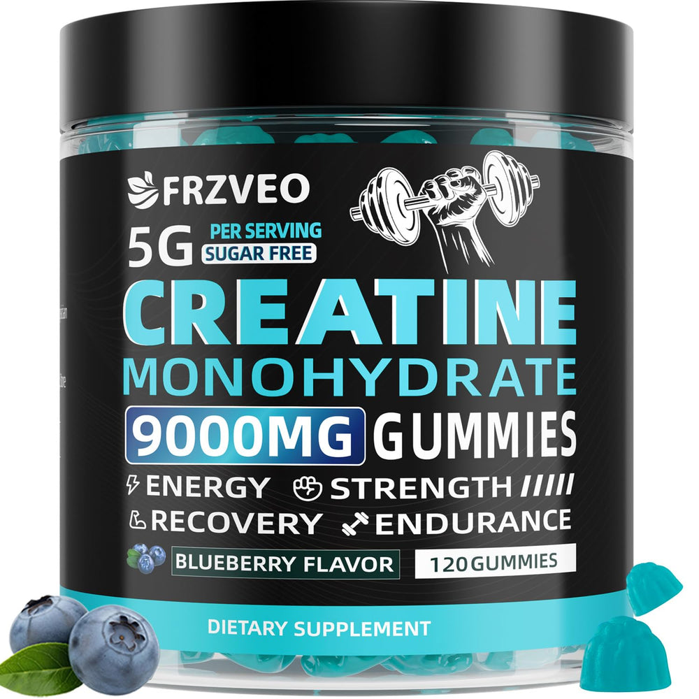 FRZVEO Creatine Monohydrate Gummies bottle shows convenient chewable performance support