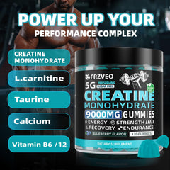 FRZVEO Creatine Monohydrate Gummies blueberry flavor image highlights clean ingredients