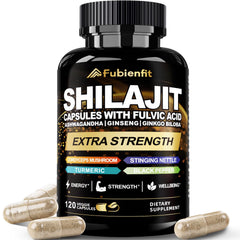 Fubienfit Shilajit Capsules bottle highlighting Himalayan formula for daily vitality and focus.