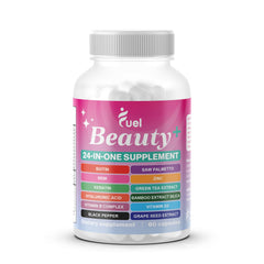 Fuel Beauty+ 24in1 bottle front highlighting biotin and hyaluronic acid for hair and skin