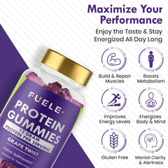 FUELE+ Whey Protein Gummies grape-twist bottle-open shows resealable freshness for easy snacking