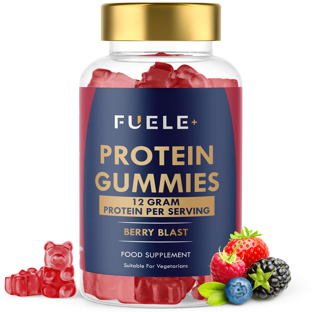 FUELE+ Whey Protein Gummies bottle with mixed berry flavor for convenient post-workout protein.