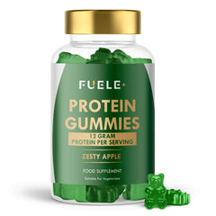 FUELE+ Whey Protein Gummies packaging highlights zesty apple flavor for a convenient snack