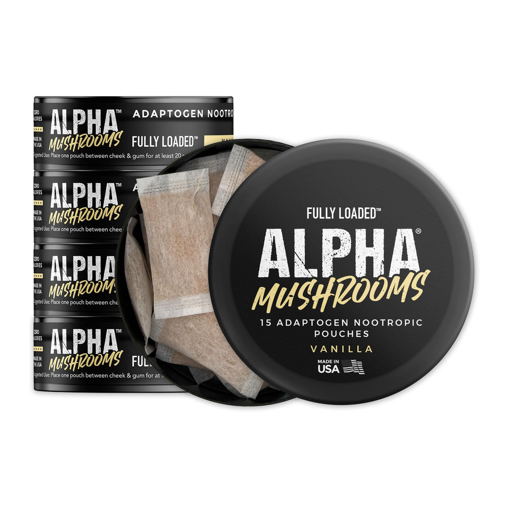 Fully Loaded Alpha Mushroom Pouch vanilla front view, supports focus and calm during work.