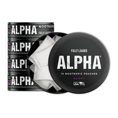 Fully Loaded Bullseye Alpha Nootropic Pouches Berry can front, highlighting convenient nicotine replacement.