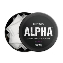 Fully Loaded Bullseye Alpha Nootropic Pouches Berry close-up label with GABA.