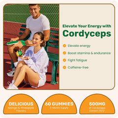 Fungies Cordyceps gummy mango pineapple close-up highlights flavorful, fruit-forward experience.