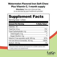 Fusion Lifestyle iron soft chews closeup highlights juicy watermelon flavor aiding daily intake.