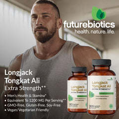 Futurebiotics Longjack Tongkat Ali label detail highlighting GMO-free and vegan ingredients.