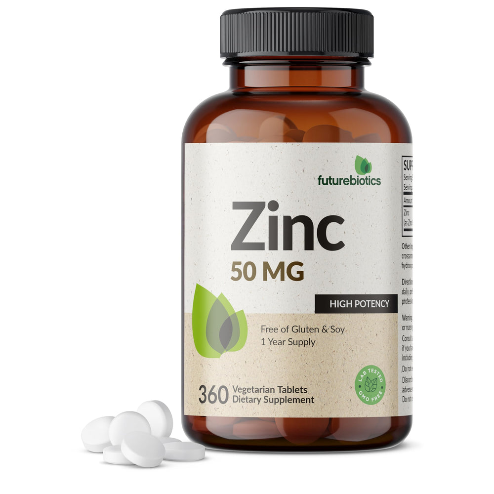 Futurebiotics Zinc 50mg bottle shown for daily high-potency supplement.