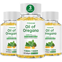 FYENCAM Oil of Oregano with Black Seed Oil bottle highlighting 6000mg oregano blend.