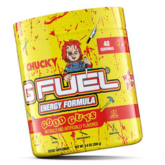 G Fuel Chucky Good Guys energy powder being mixed in a glass for a crisp flavor