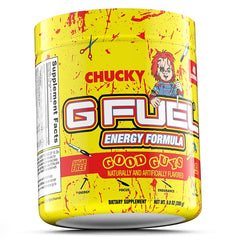 G Fuel Chucky Good Guys powdered supplement in tub highlighting Tropical Blood Orange flavor