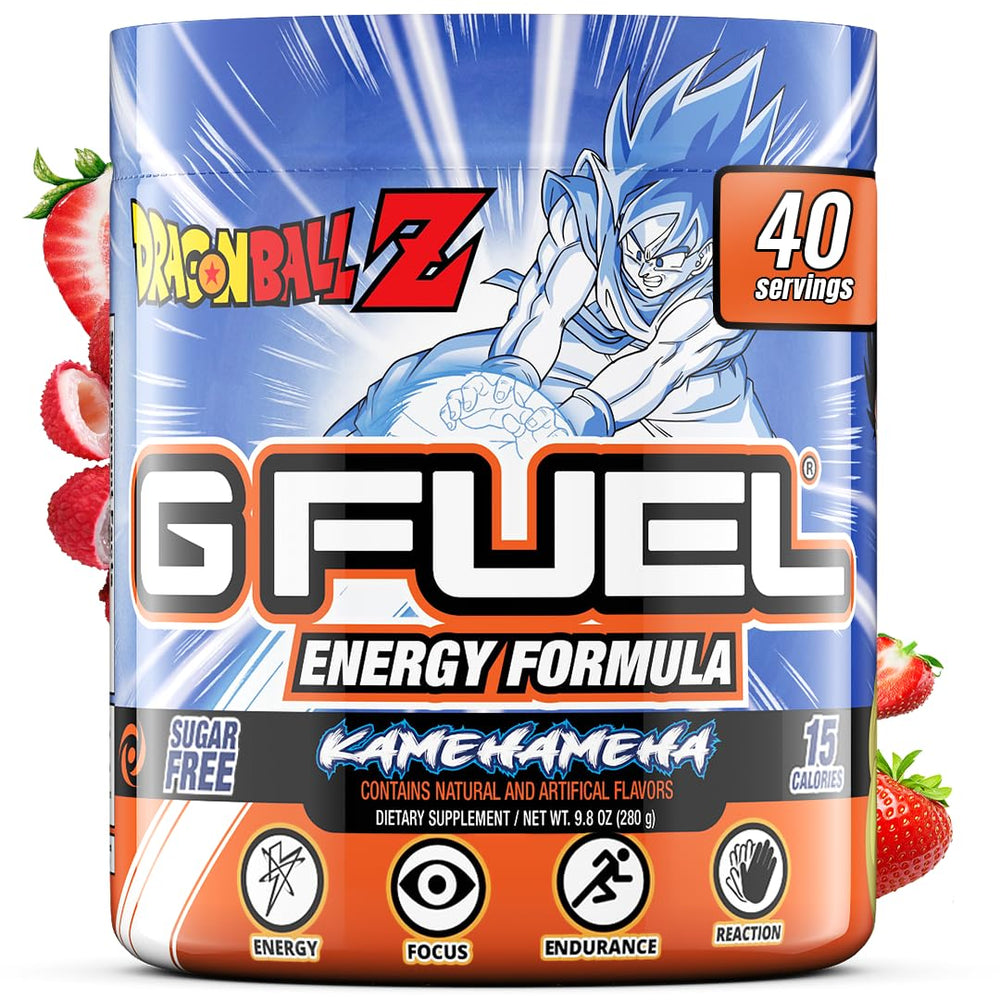 G Fuel Dragon Ball Z tub of powder with strawberry lychee flavor boosts focus.