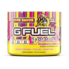 G Fuel Hype Sauce Supreme Hydration Raspberry Lemonade tub for zero-sugar, caffeine-free hydration.