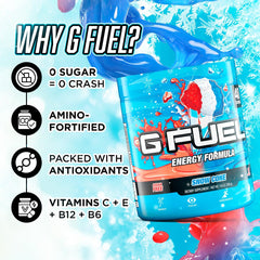G Fuel Snow Cone packaging label emphasizes sugar-free and low calories