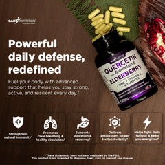 Gade Nutrition quercetin bottle label highlights bromelain and elderberry for absorption.