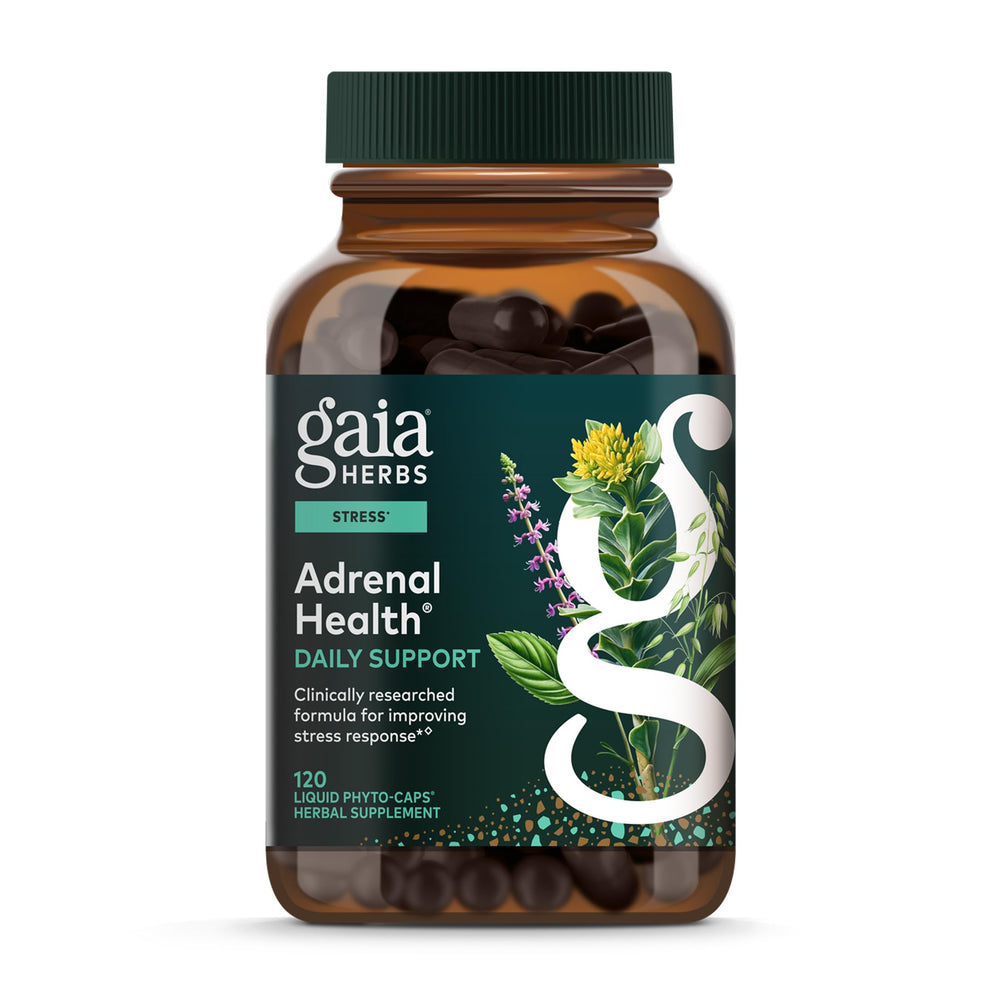 Gaia Herbs Adrenal Health Daily Support bottle shown for daily stress support.