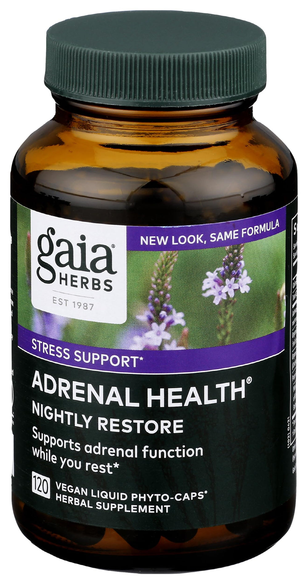 Gaia Herbs Adrenal Health Nightly Restore bottle front, may support restful evenings.