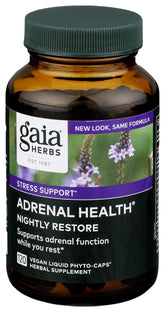 Gaia Herbs Adrenal Health Nightly Restore bottle front, may support restful evenings.