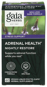 Gaia Herbs Adrenal Health Nightly Restore bottle front showing vegan liquid phyto-caps for stress support