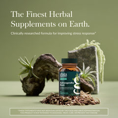 Gaia Herbs Ashwagandha capsules closeup highlighting organic root and clean formula.
