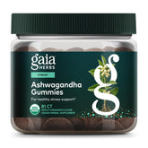 Gaia Herbs Ashwagandha Gummies bottle highlighting stress support formula with cinnamon and ginger