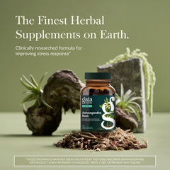 Gaia Herbs Ashwagandha Root capsules close-up showing vegan liquid phyto-caps.