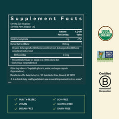 Gaia Herbs Ashwagandha Root label detailing organic sourcing and ingredients.