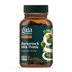 Gaia Herbs Berberine Milk Thistle bottle showcases liver support and daily metabolism benefits.