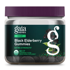 Gaia Herbs Black Elderberry gummies packaging showcases immune support potential.