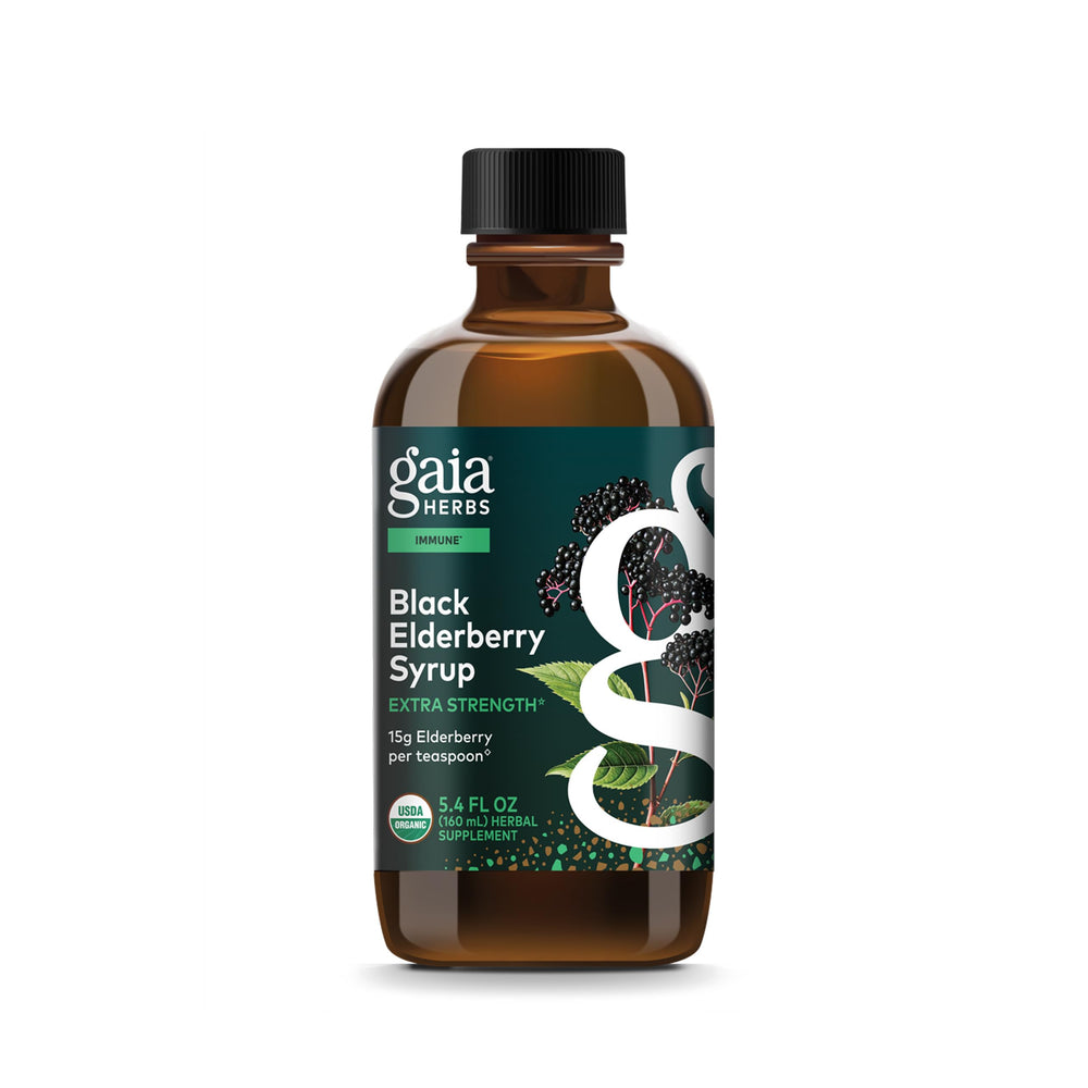 Gaia Herbs Black Elderberry Syrup bottle with organic certification supports daily immune health.
