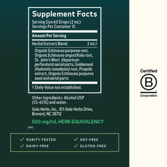 Gaia Herbs bottle beside a scale showing 15 servings for travel convenience