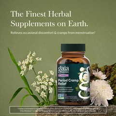 Close-up of Gaia Herbs Cramp Relief capsules highlighting herbal ingredients for menstrual support