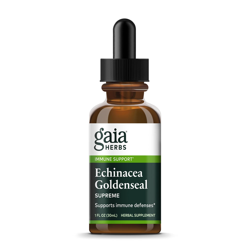 Gaia Herbs Echinacea Goldenseal Supreme bottle pour for simple daily immune support.