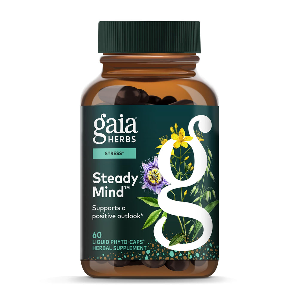 Gaia Herbs Emotional Balance bottle on a clean surface promoting daily calm.
